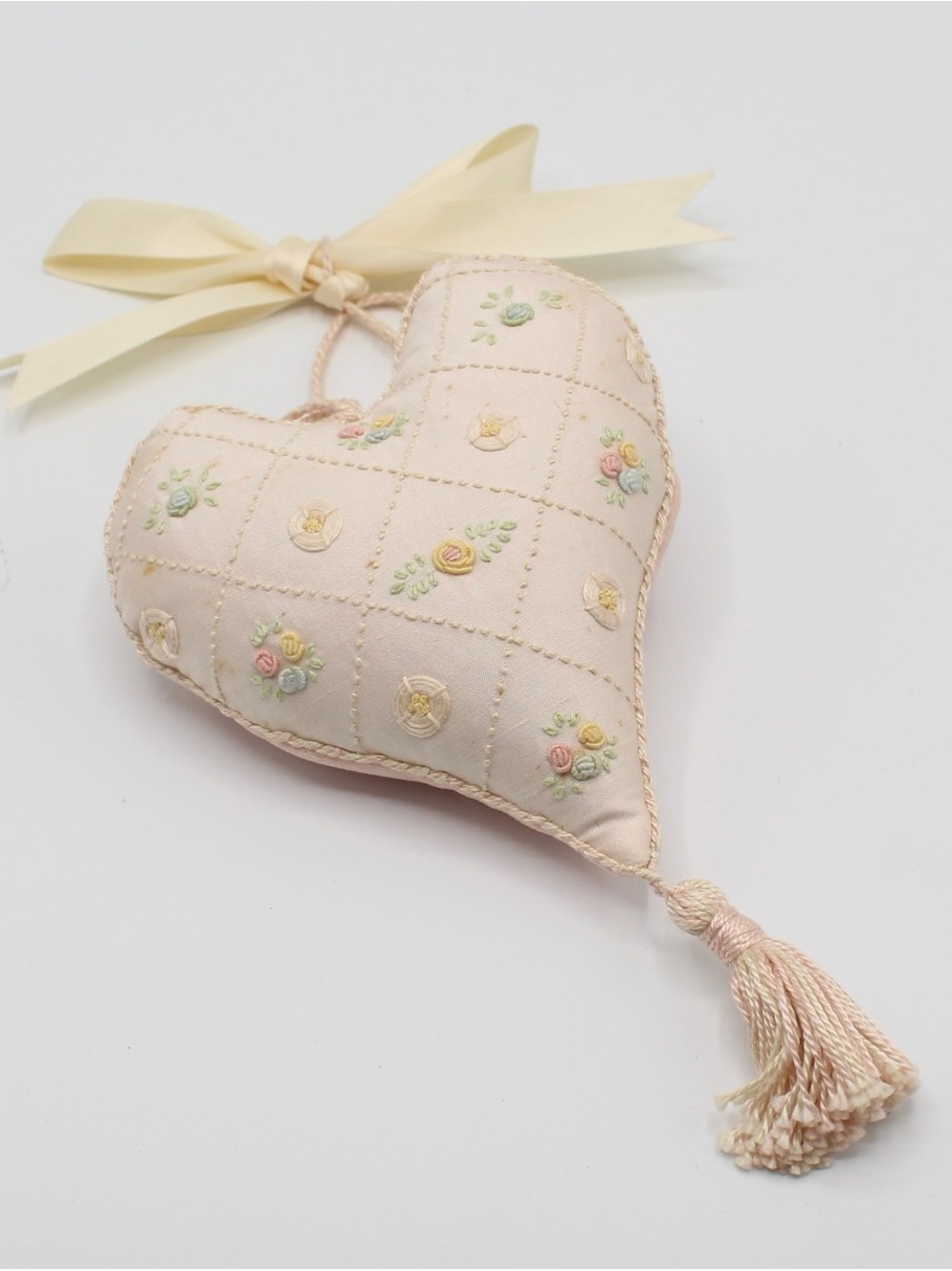 Hand Embroidered Heart Pin Cushion with Scissors in Soft Pink, Handmade